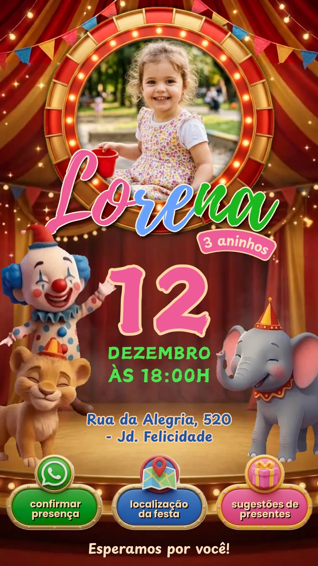 Convite Aniversário Circo Animado e Interativo editavel Canva