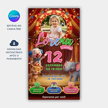 Convite Aniversário tema Circo Animado e Interativo para editar no Canva