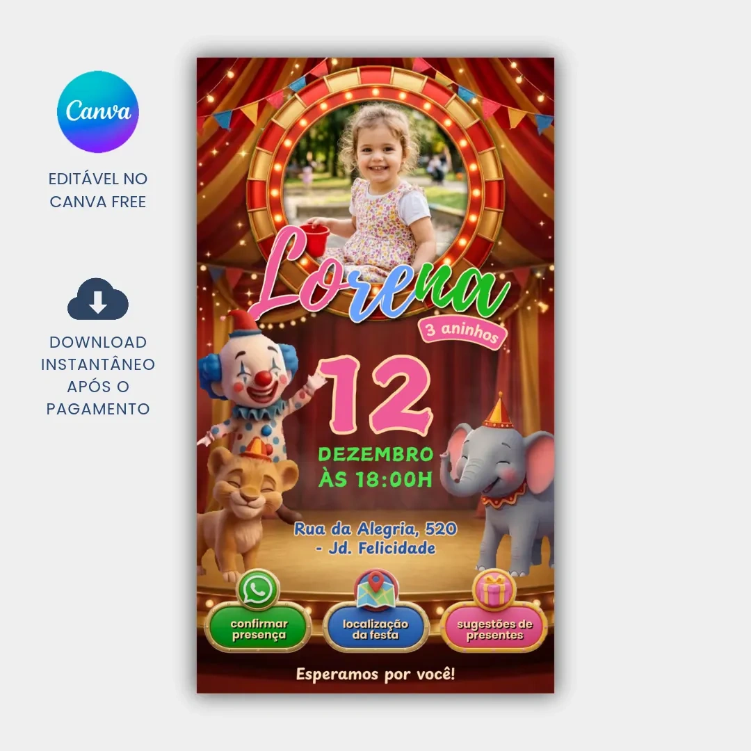 Convite Aniversário tema Circo Animado e Interativo para editar no Canva