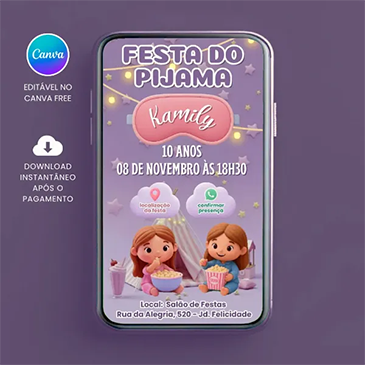 Convite Animado e Interativo Festa do Pijama para editar no Canva