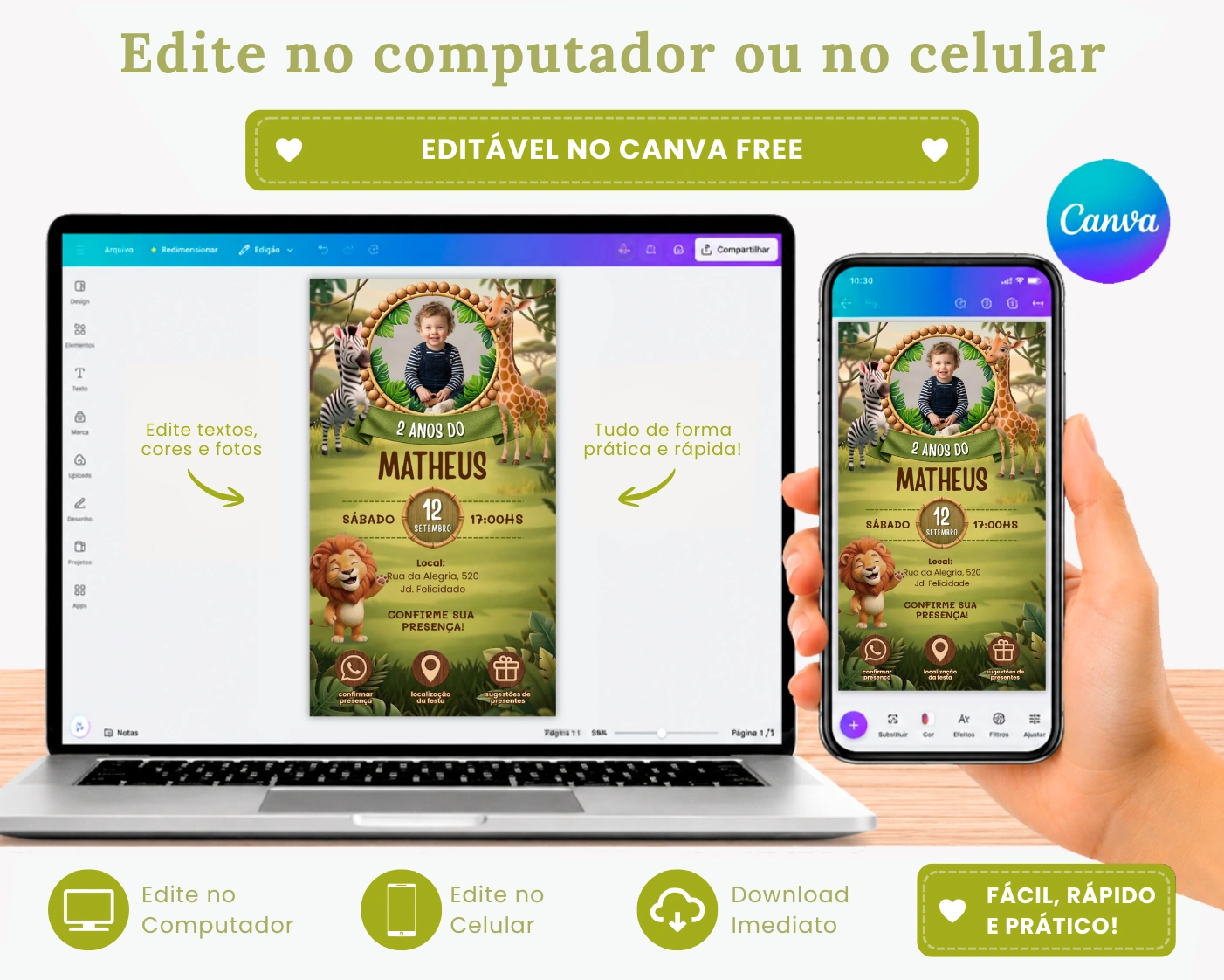 Convite animado e interativo tema Safari para aniversário infantil Editável Canva