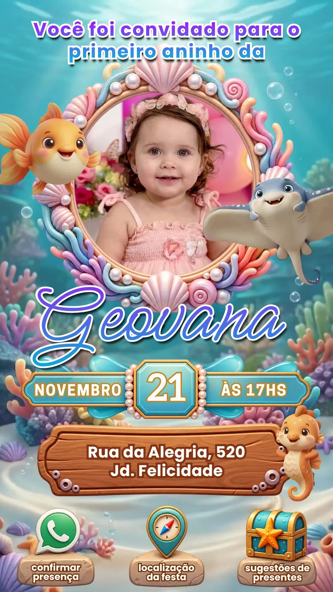 Convite Aniversário Animado e Interativo Fundo do Mar editável Canva