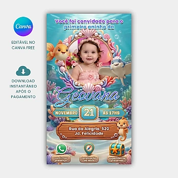 Convite Aniversário Animado e Interativo Fundo do Mar para editar no Canva