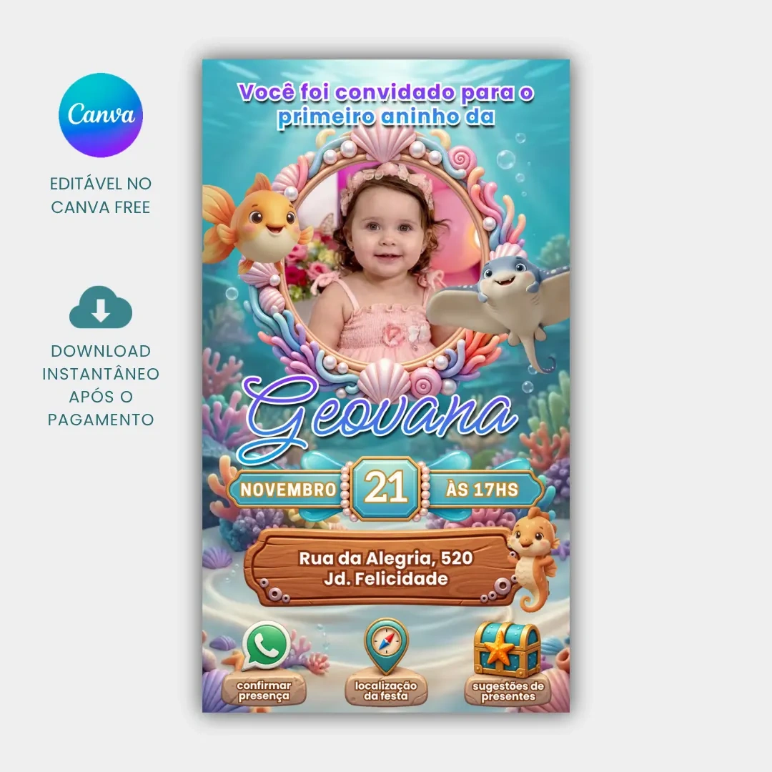 Convite Aniversário Animado e Interativo Fundo do Mar para editar no Canva