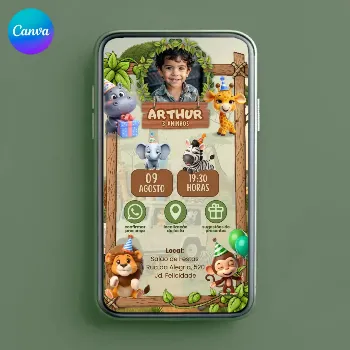 Convite Safari Animado e Interativo com Foto - Editável no Canva