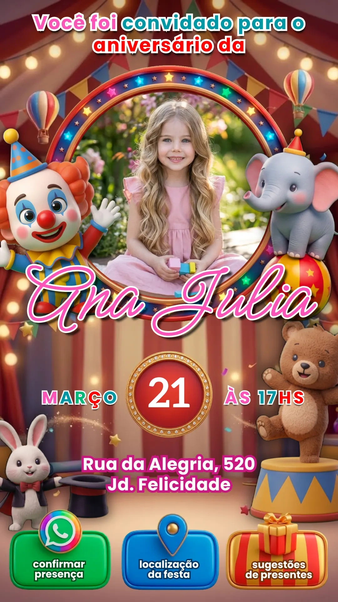 Convite Digital e Interativo Circo Encantado para editar no Canva