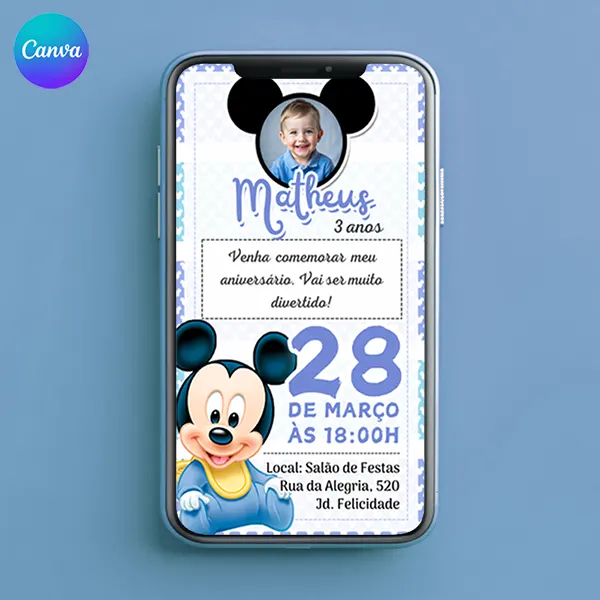 Convite de Aniversário Digital do Mickey Baby Editável no app Canva