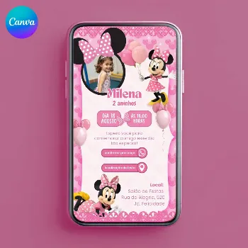 Convite Digital Minnie Rosa Animado e Interativo - Editável no Canva