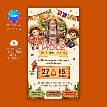 Convite de Aniversário Interativo Festa Junina Infantil para editar no Canva