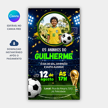 Convite Aniversário Infantil Copa do Mundo Azul Futebol para editar no Canva