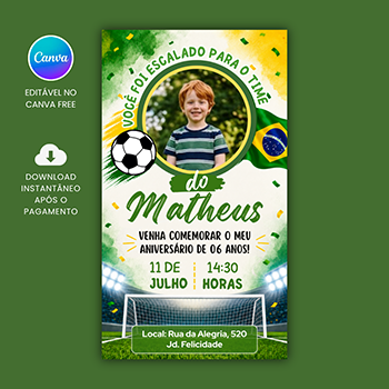 Convite Aniversário Infantil Copa do Mundo Futebol para editar no Canva