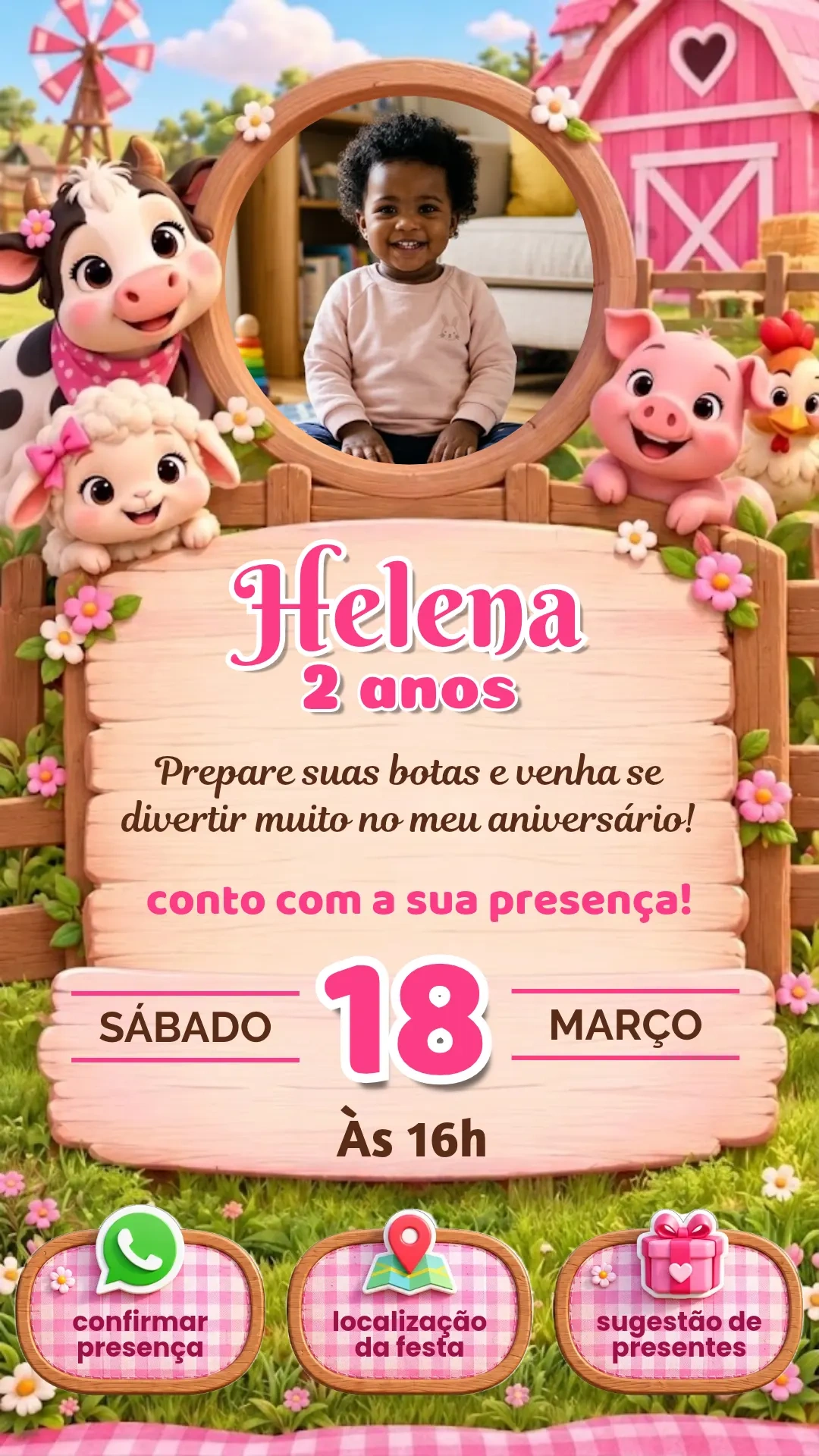 Convite Digital e Interativo Fazendinha Rosa com Animais para Editar no Canva