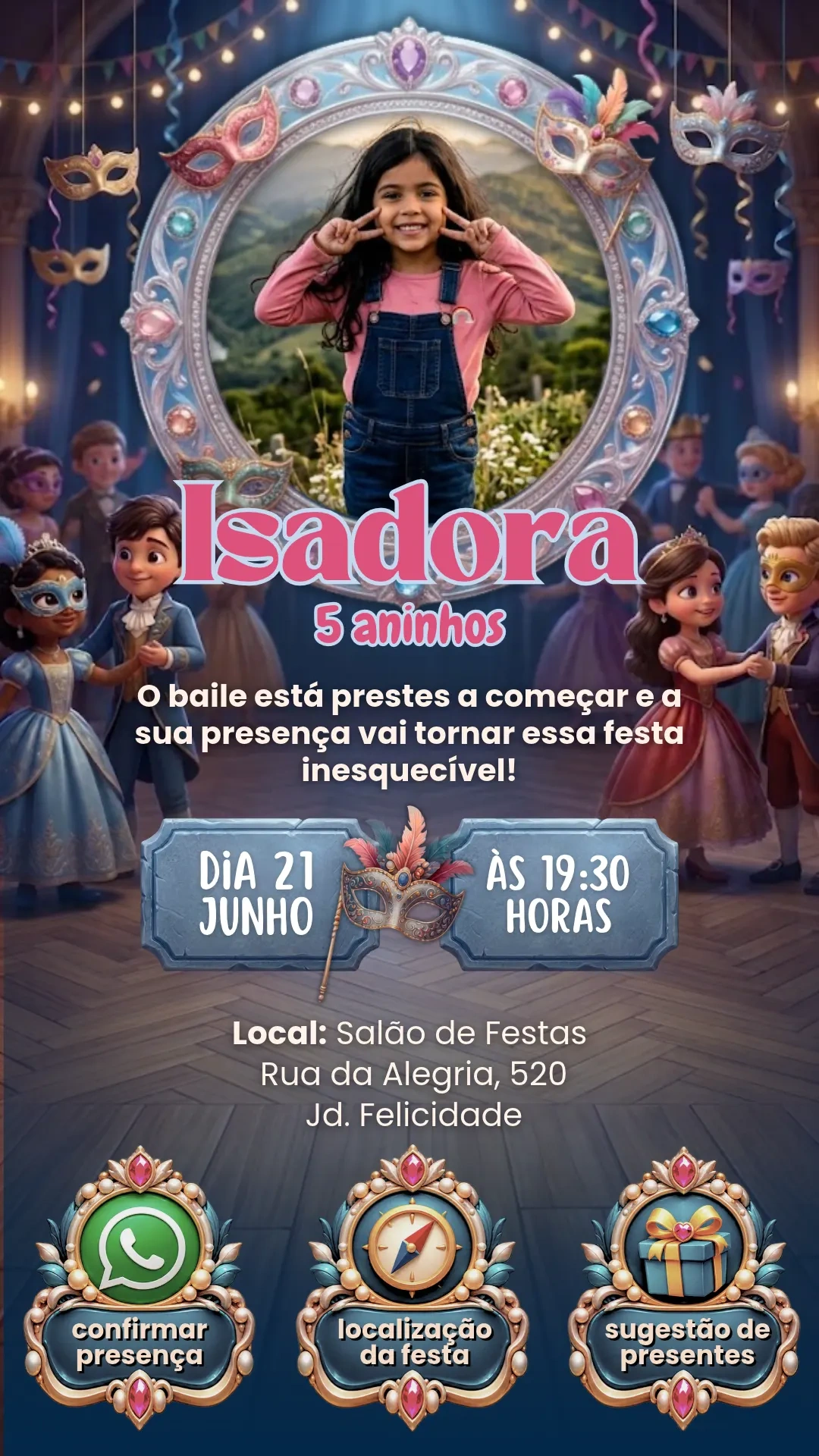 Convite Digital Interativo Festa à Fantasia Baile editável no Canva