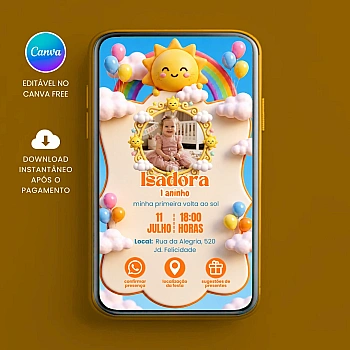Convite de Aniversário Digital Minha Primeira Volta ao Sol Editável no Canva