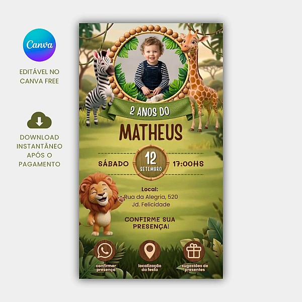 Convite de Aniversário Safari Animado e Interativo com Foto Editável no Canva