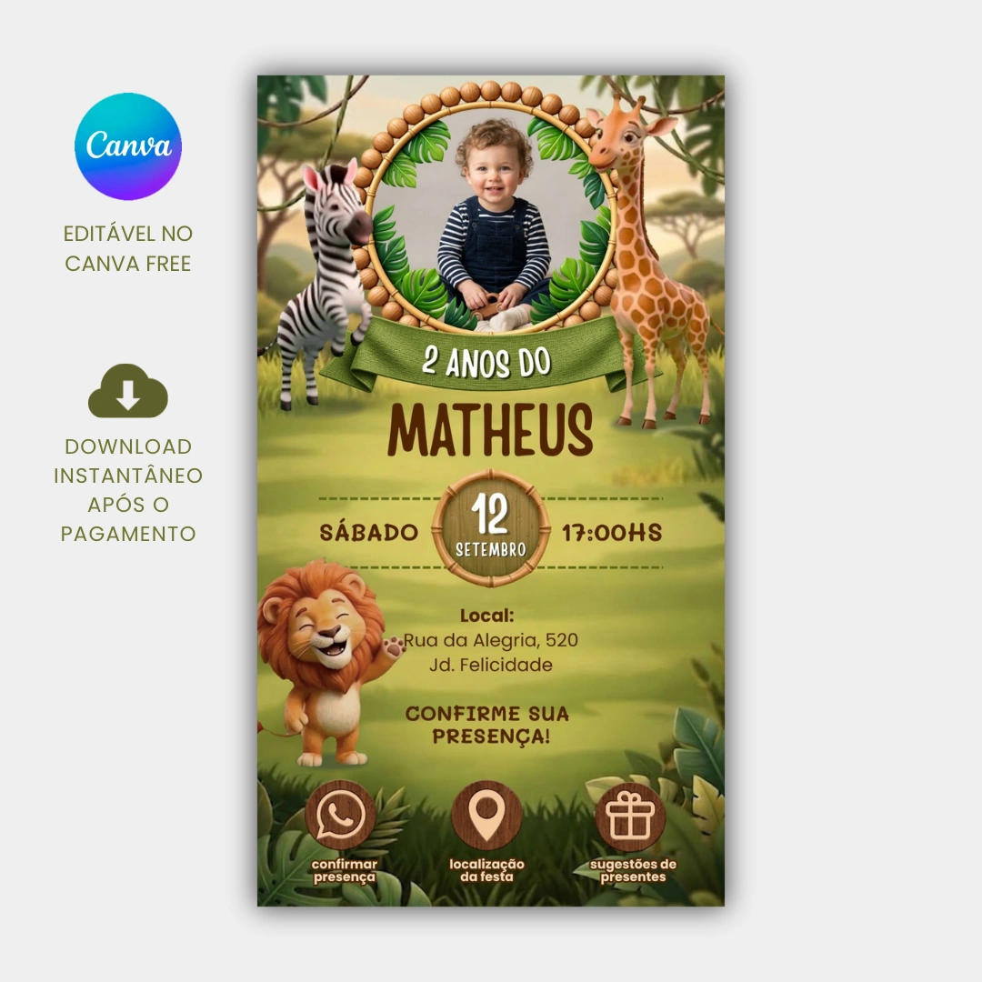 Convite de aniversário Safari editável no Canva com foto do aniversariante
