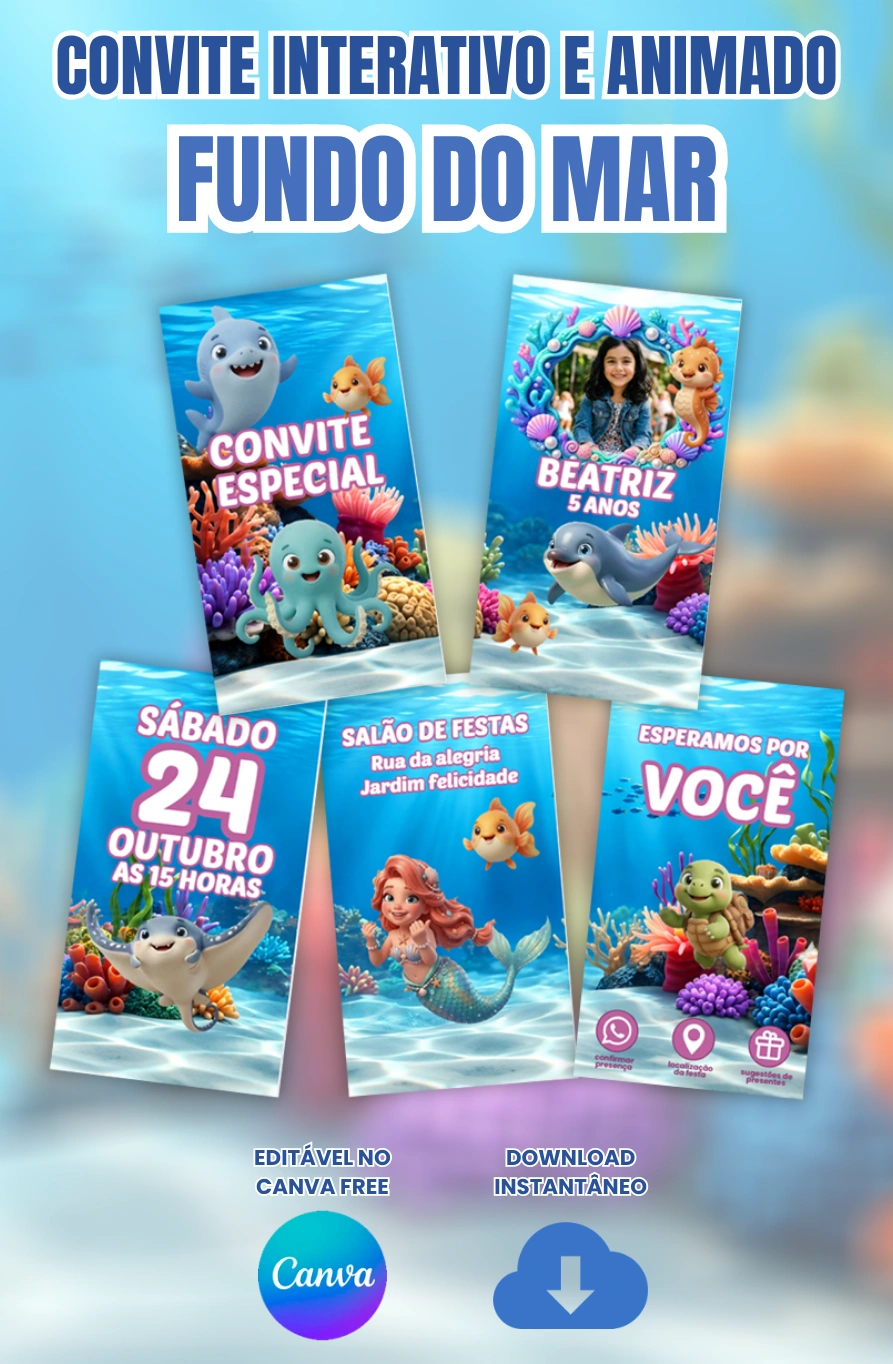 Convite Fundo do Mar para aniversário infantil e envio pelo WhatsApp