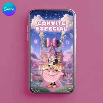 Convite Animado Minnie Rosa com Foto - Editável Canva