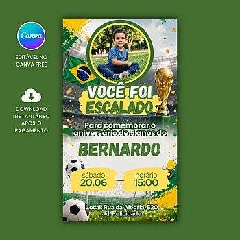 Convite Aniversário Infantil Tema Copa do Mundo para editar no Canva