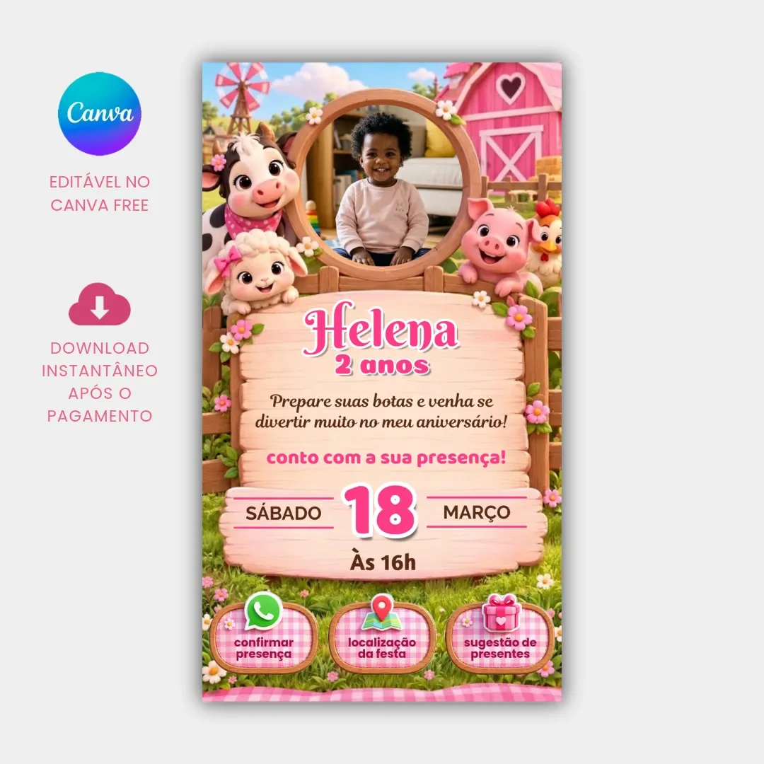 Convite Aniversário Interativo Fazendinha Rosa com Animais para Editar no Canva