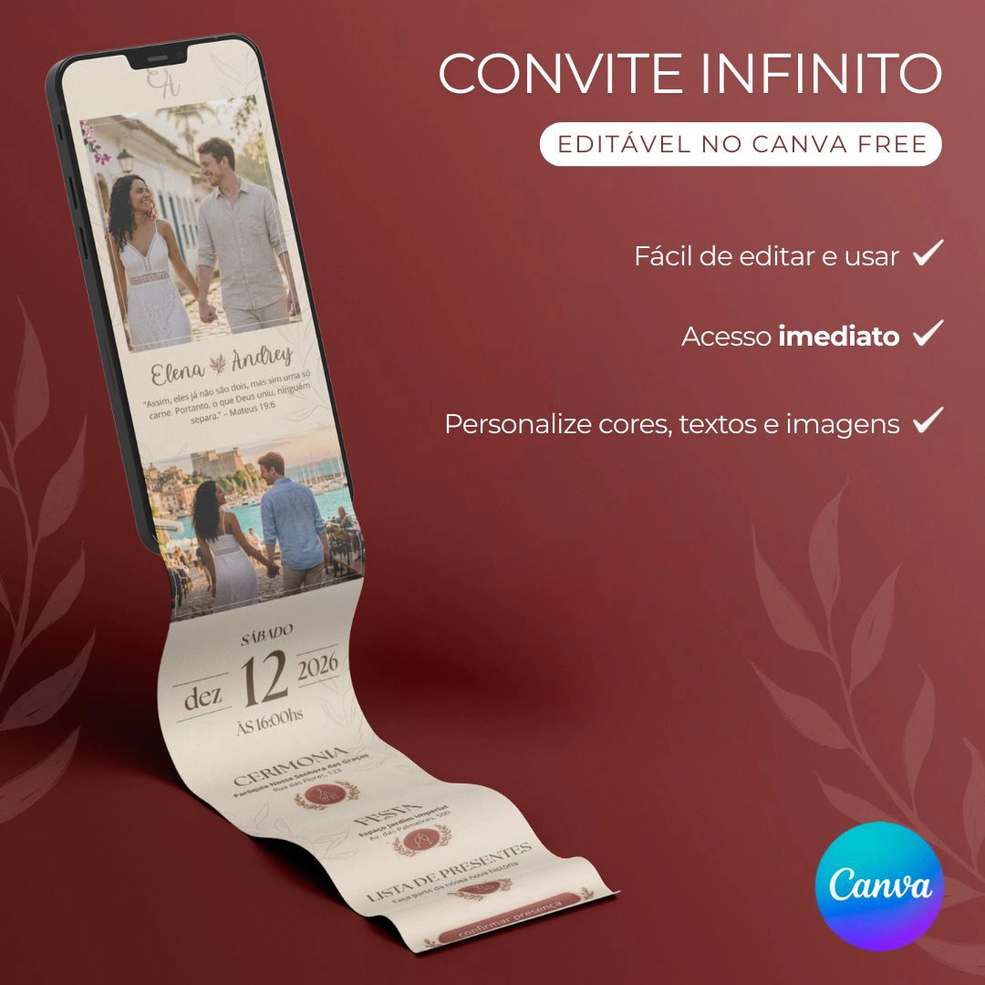 Convite de casamento infinito editável no Canva com fotos dos noivos