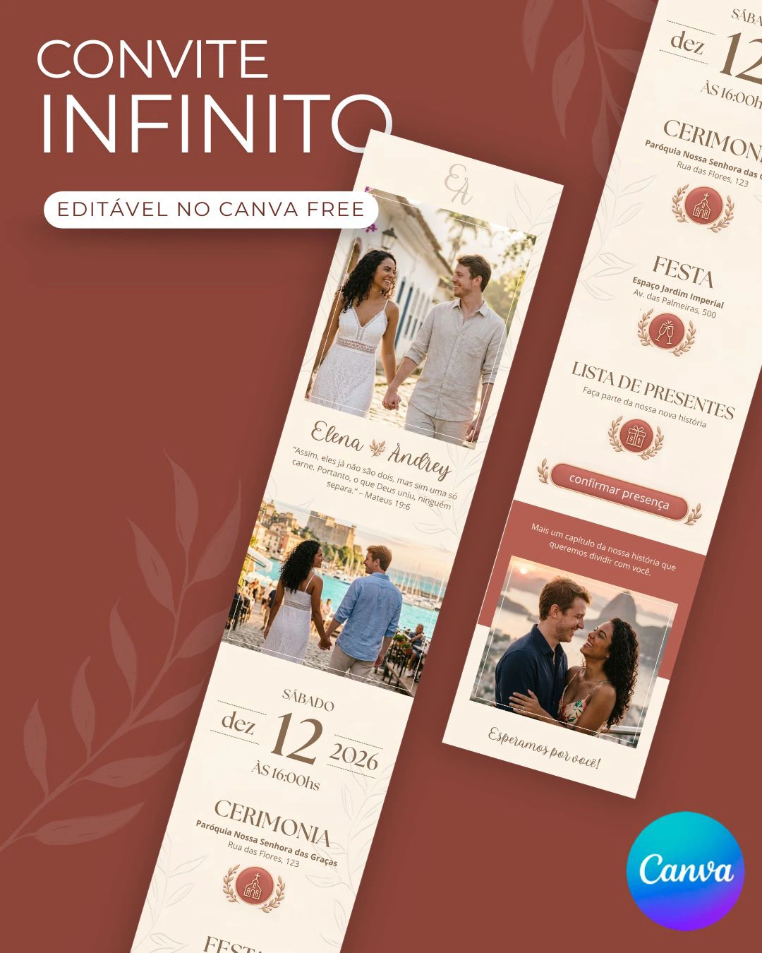 Convite de casamento estendido e interativo editável no Canva
