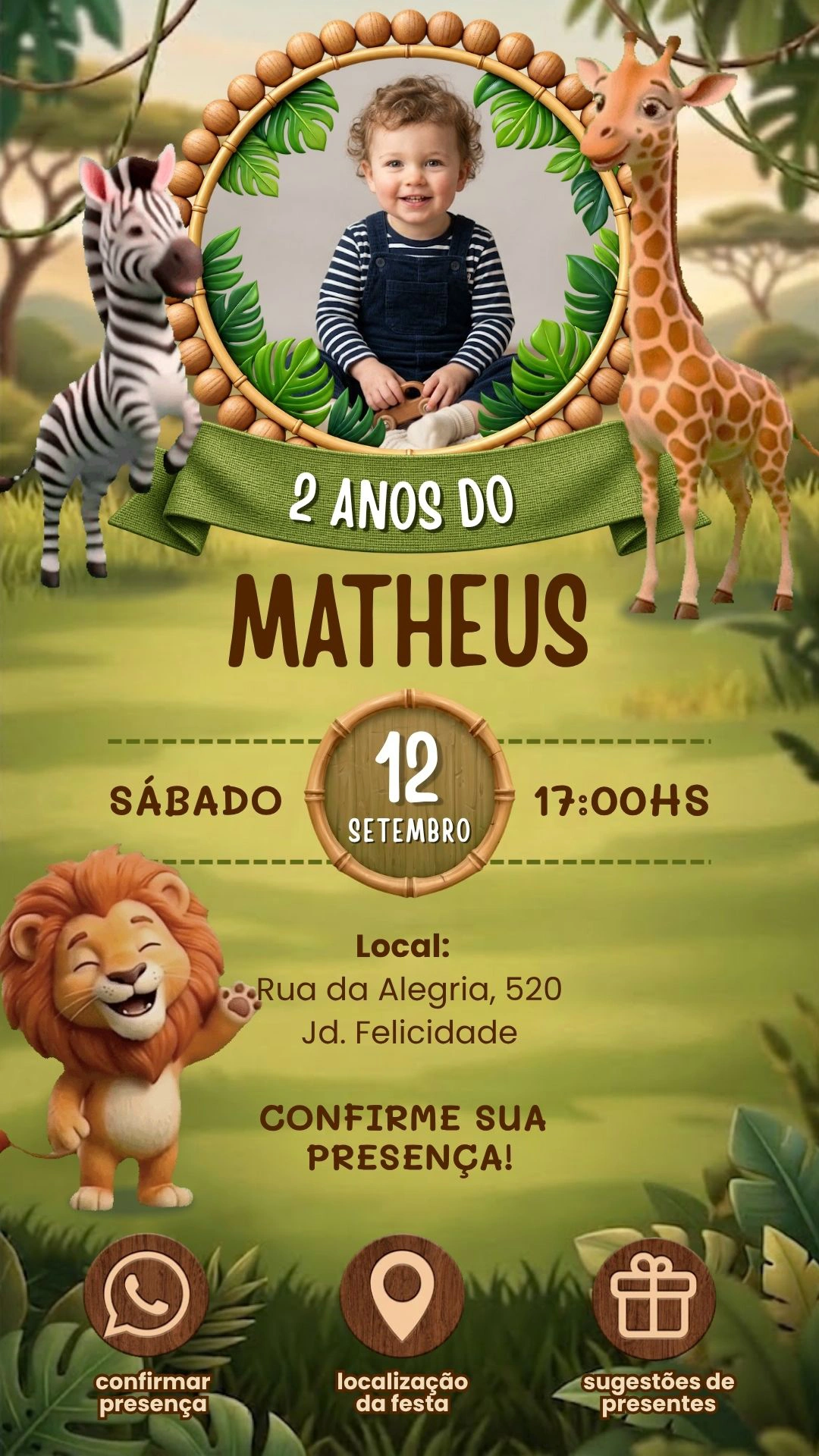 Convite Safari com animais da selva para aniversário infantil e envio pelo WhatsApp